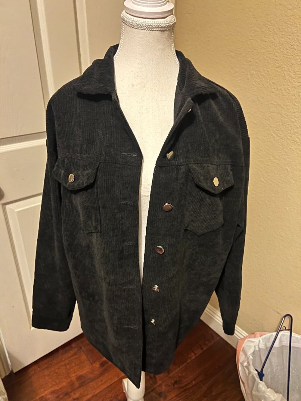 Shein Women's Black Corduroy Turndown Collar Pocket Shirt